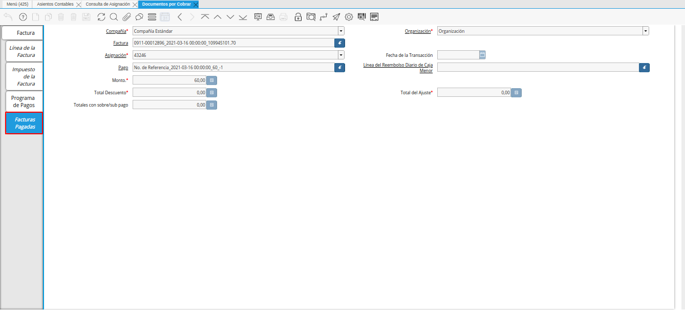 pestaña facturas pagadas de la ventana documentos por cobrar