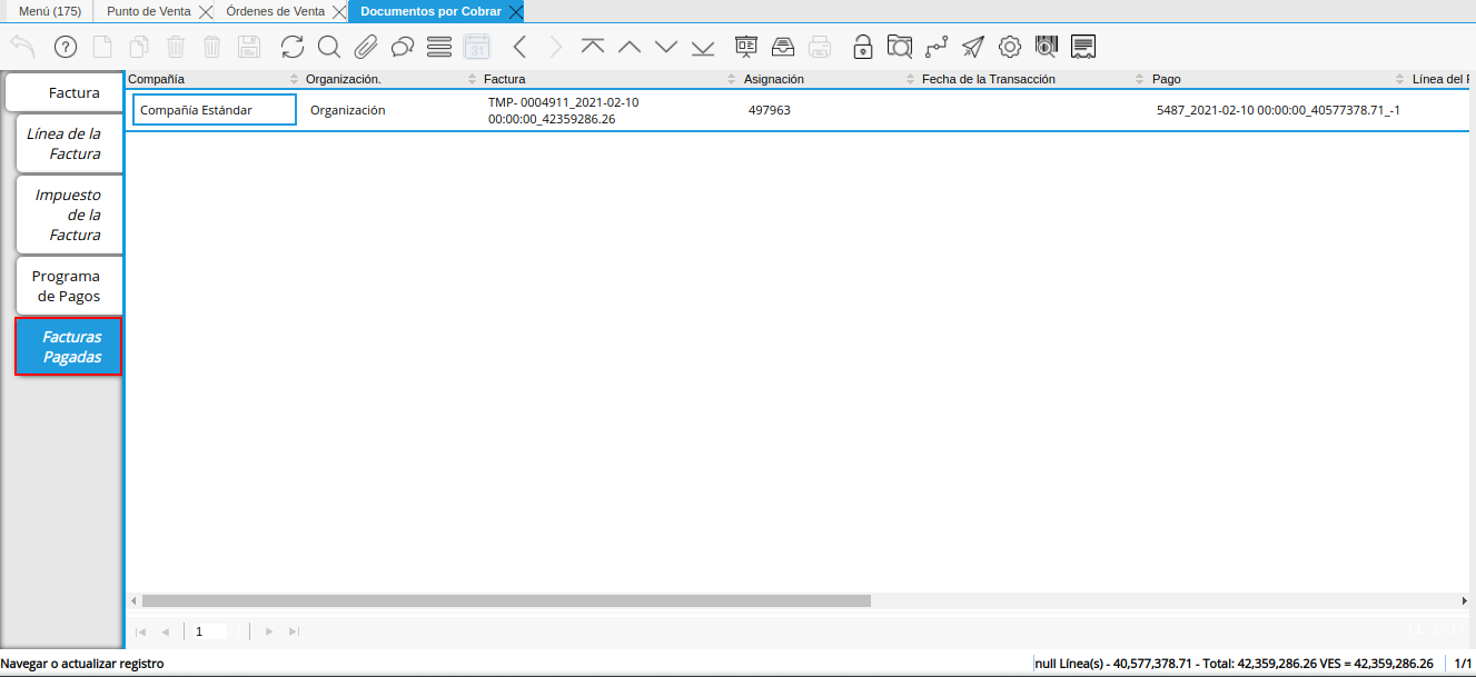 Pestaña Facturas Pagadas de la Ventana Documentos por Cobrar