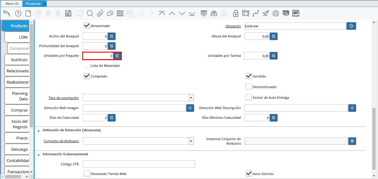 Campo Unidades por Paquete