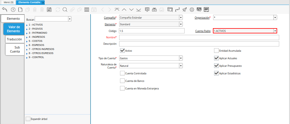 Campo Cuenta Padre de la Pestaña Valor de Elemento de la Ventana Elemento Contable