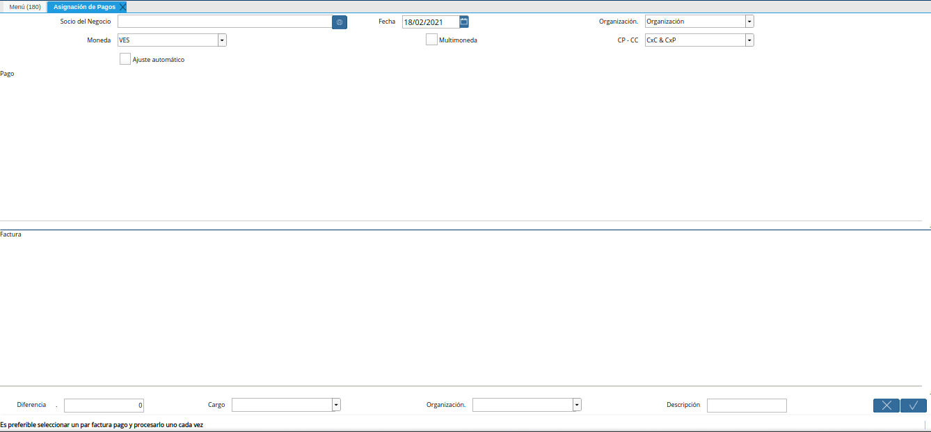 ventana asignación de pagos