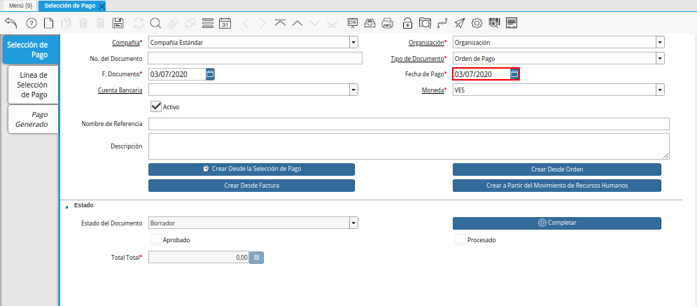 Campo Fecha de Pago del Documento Orden de Pago desde Orden