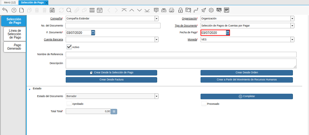 Campo Fecha de Pago del Documento Registro desde Selección de Pago