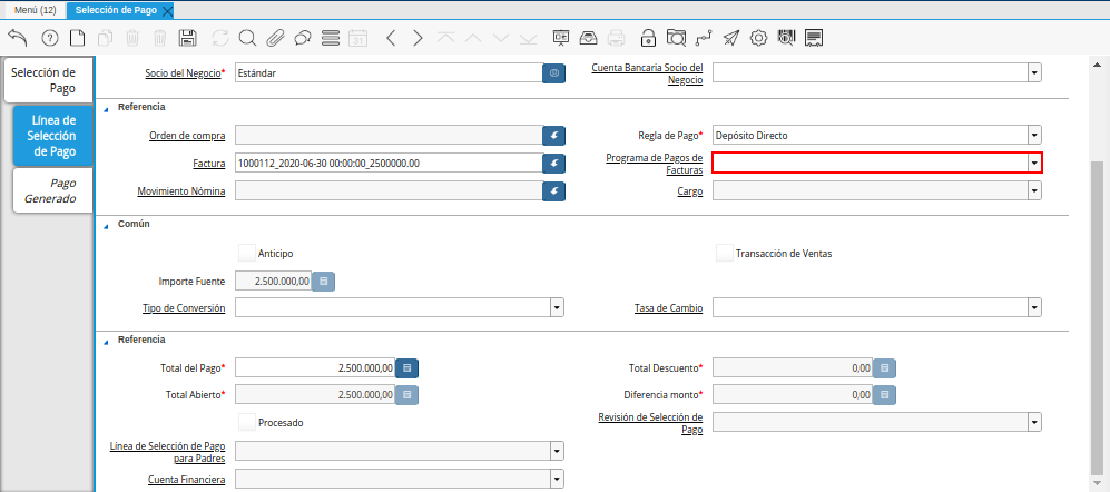 Campo Programa de Pago del Documento Orden de Pago desde Factura
