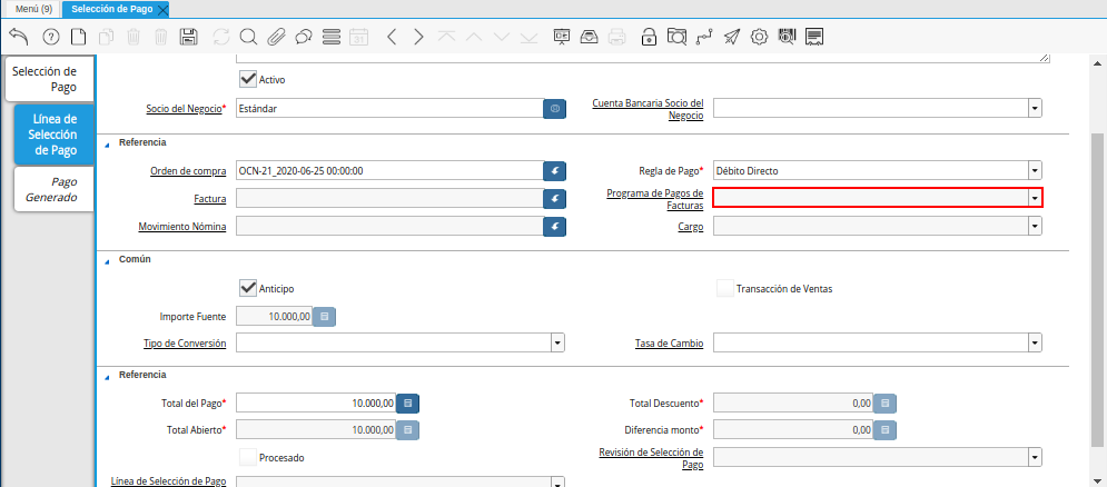 Campo Programa de Pago del Documento Orden de Pago desde Orden