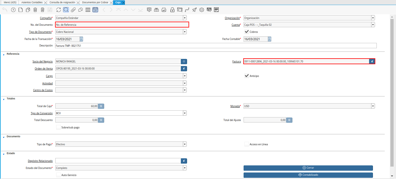 registro del cobro en la ventana caja