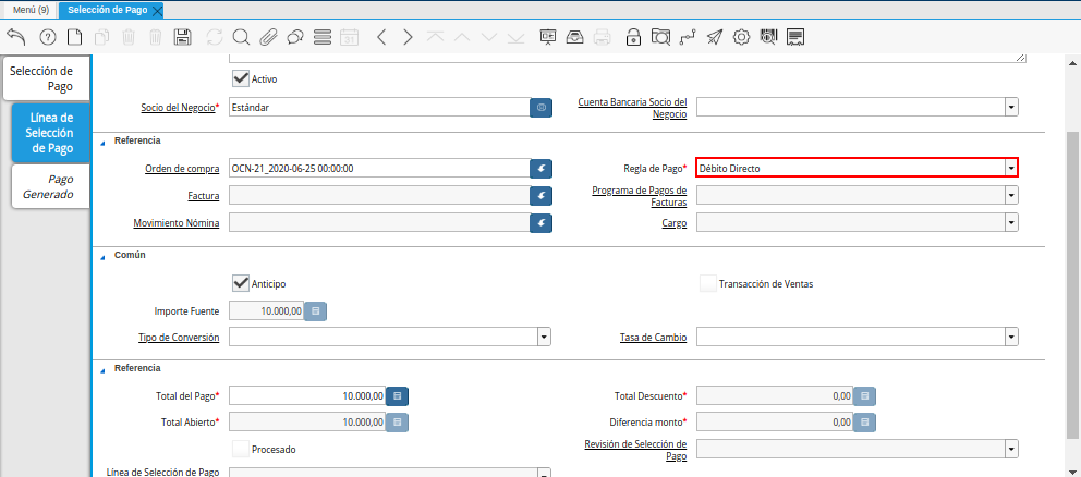 Campo Regla de Pago del Documento Orden de Pago desde Orden