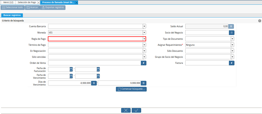 Campo Regla de Pago de la Ventana de Búsqueda Inteligente del Proceso Crear Desde Factura
