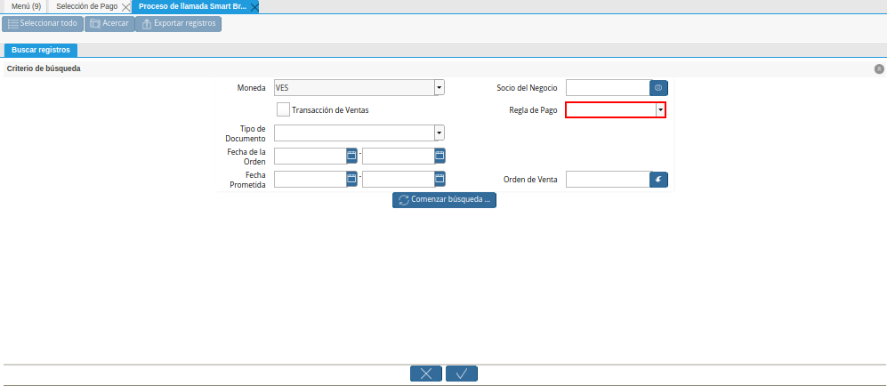 Campo Regla de Pago de la Ventana de Búsqueda Inteligente del Proceso Crear Desde Orden