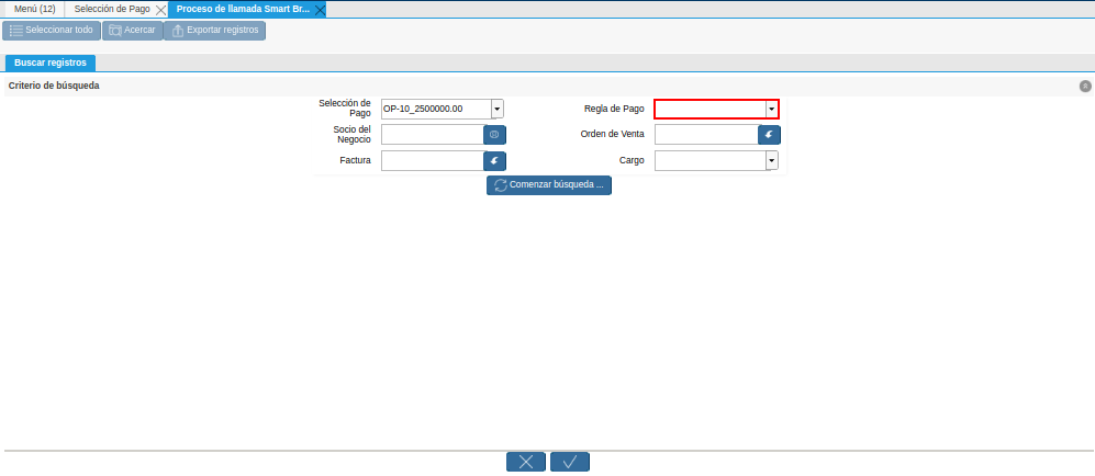 Campo Regla de Pago de la Ventana de Búsqueda Inteligente del Proceso Crear desde la Selección de Pago
