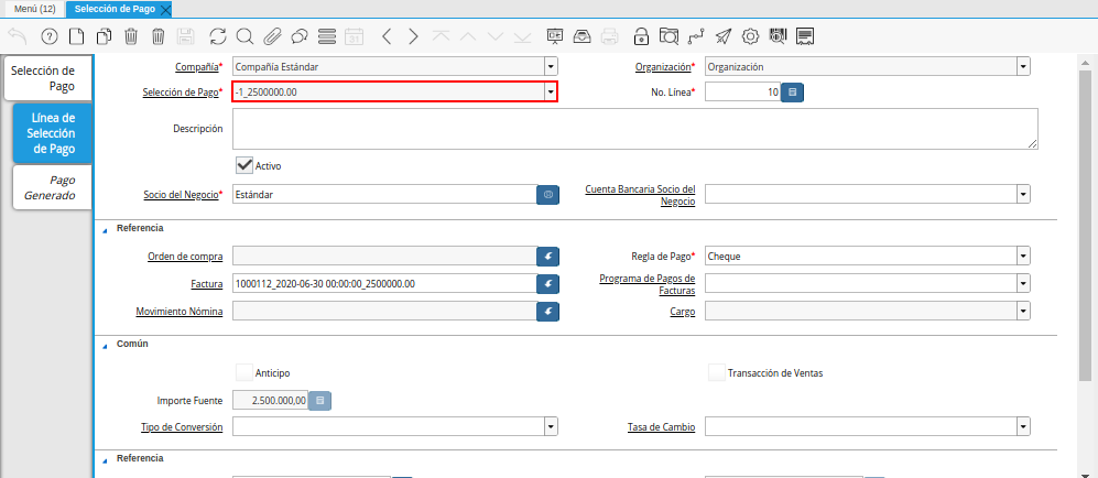 Campo Selección de Pago del Documento Orden de Pago desde Factura