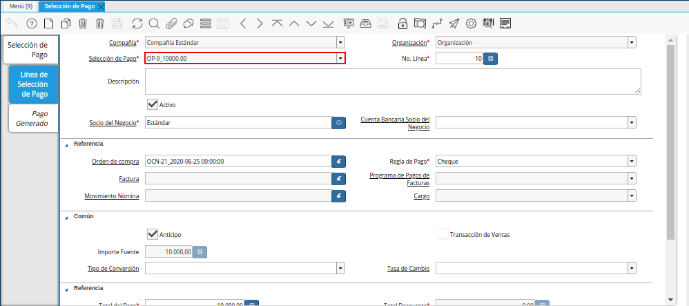 Campo Selección de Pago del Documento Orden de Pago desde Orden