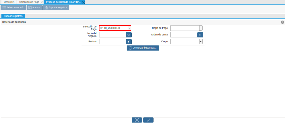 Campo Selección de Pago de la Ventana de Búsqueda Inteligente del Proceso Crear desde la Selección de Pago