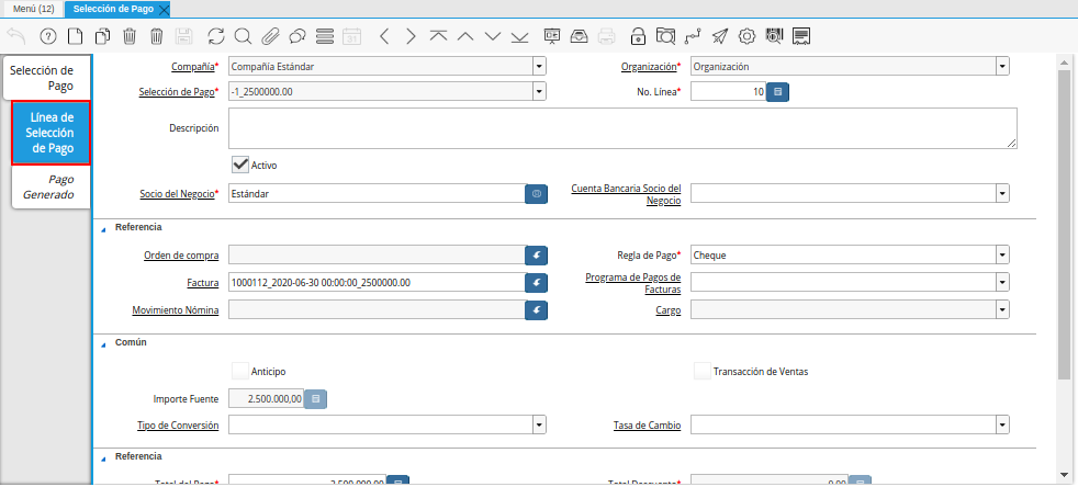 Pestaña Línea de Selección de Pago del Documento Orden de Pago desde Factura