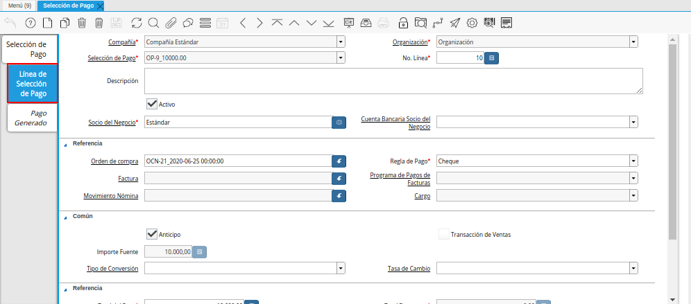 Pestaña Línea de Selección de Pago del Documento Orden de Pago desde Orden