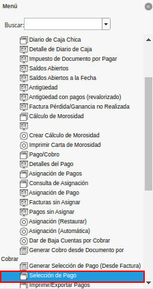 Menú de ADempiere para el Documento Orden de Pago desde Orden