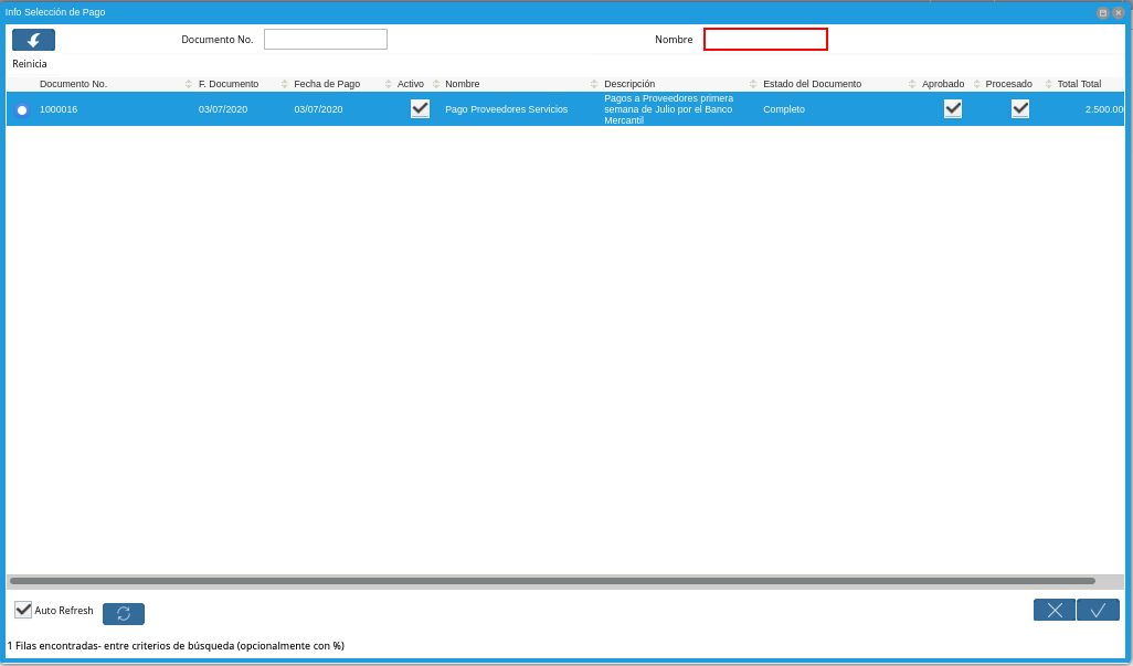 Campo Nombre de ventana de búsqueda Selección de Pago
