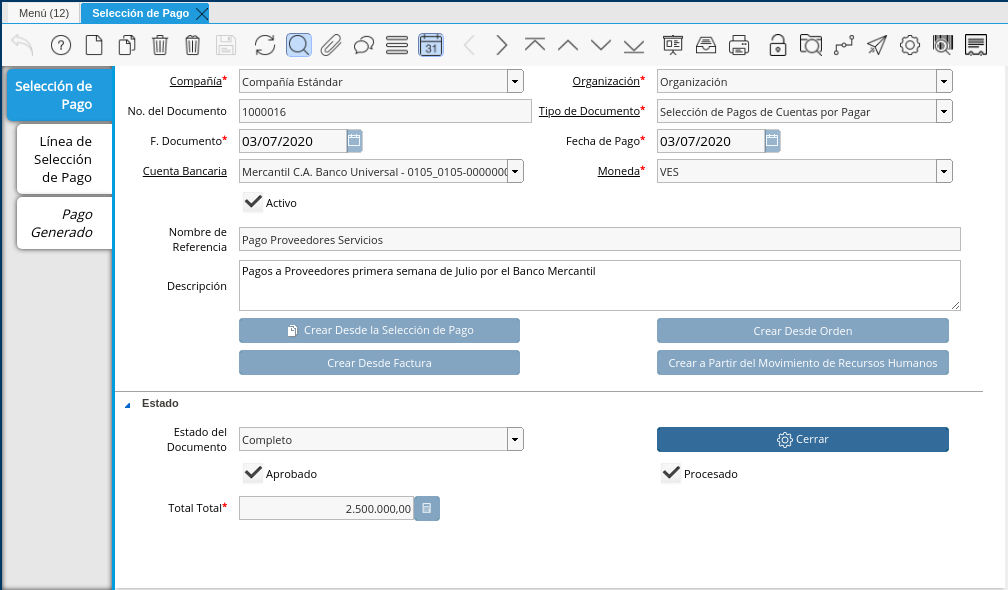 Ventana Selección de Pago