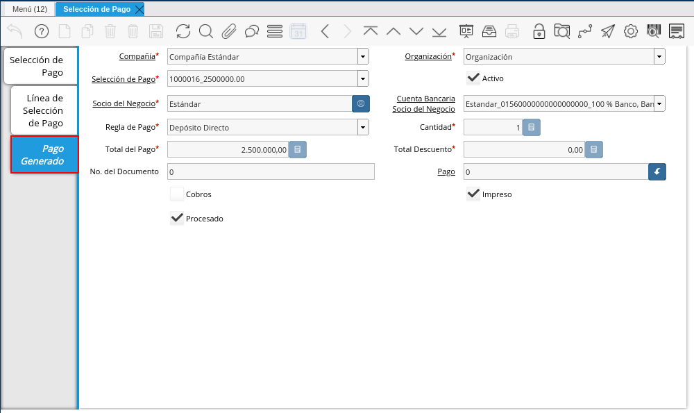 Pestaña Pago Generado