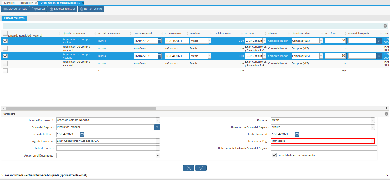campo termino de pago para la orden de compra