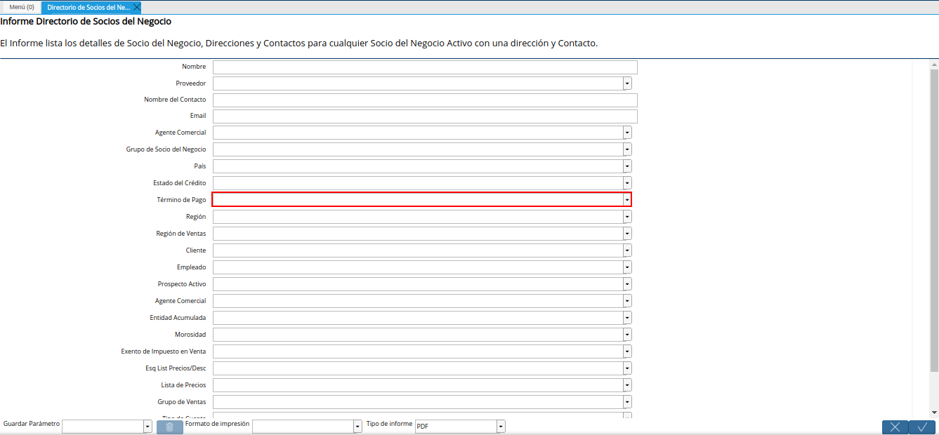 campo término de pago del reporte directorio de socios del negocio