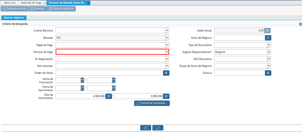 Campo Término de Pago de la Ventana de Búsqueda Inteligente del Proceso Crear Desde Factura
