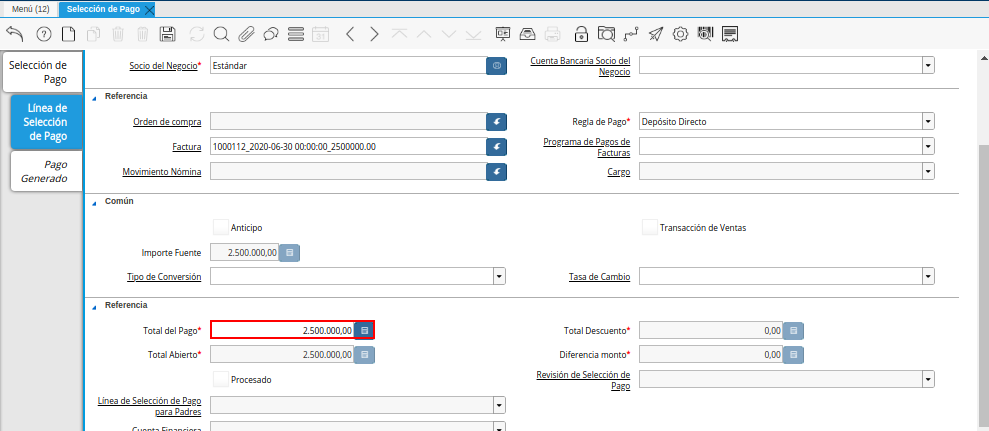 Total de Pago del Documento Orden de Pago desde Factura