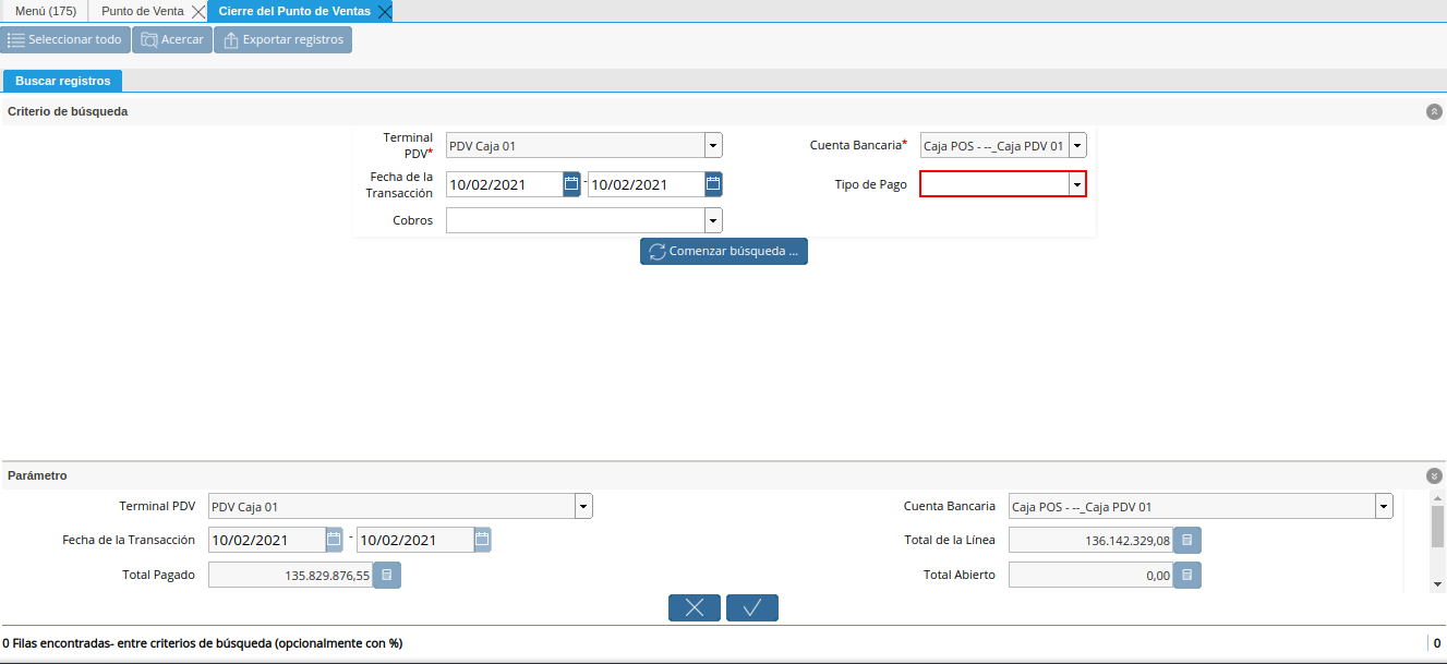 Campo Tipo de Pago del Filtro de Búsqueda de la Ventana Cierre de Caja del Punto de Venta