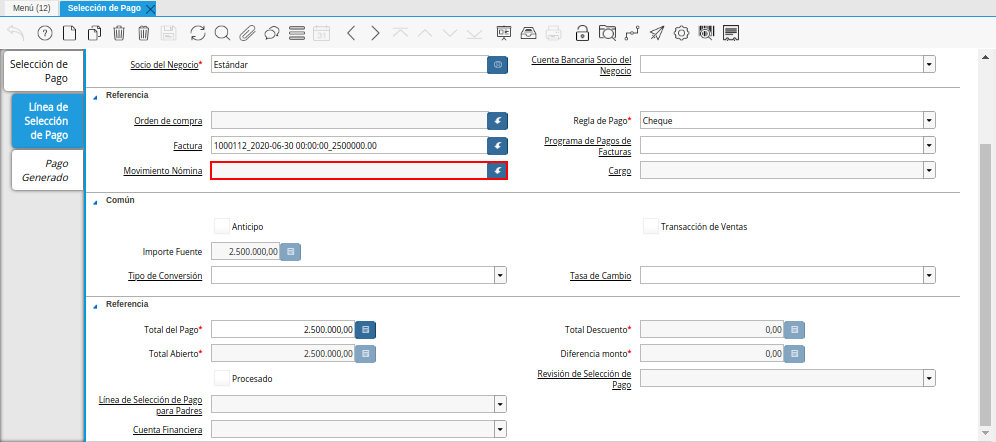 Campo Movimento de Nómina del Documento Orden de Pago desde Factura
