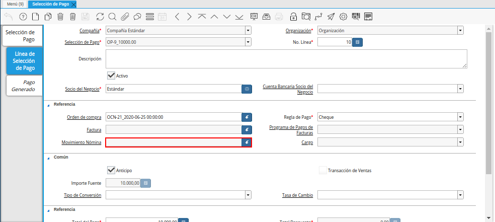 Campo Movimento de Nómina del Documento Orden de Pago desde Orden