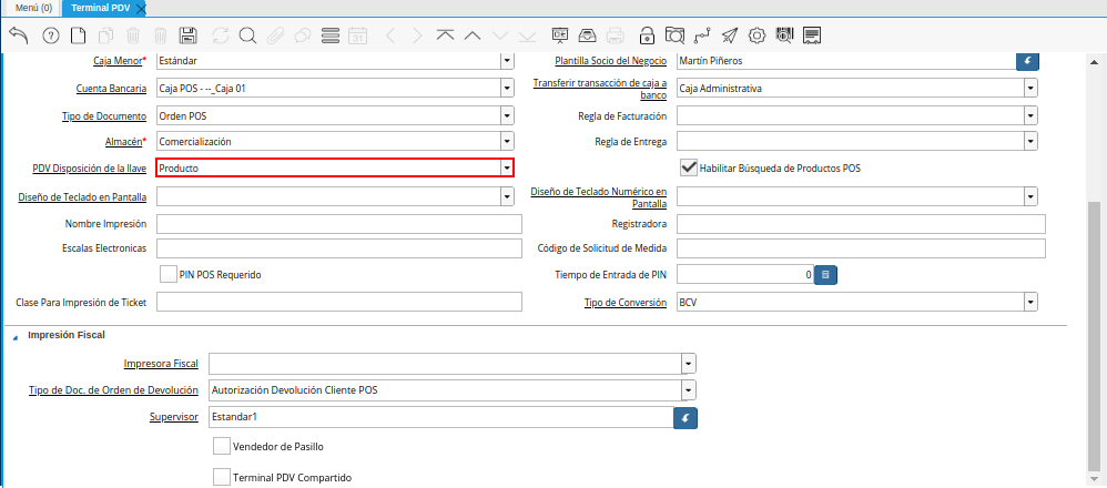 Campo PDV Disposición de la Llave de la Ventana Terminal PDV