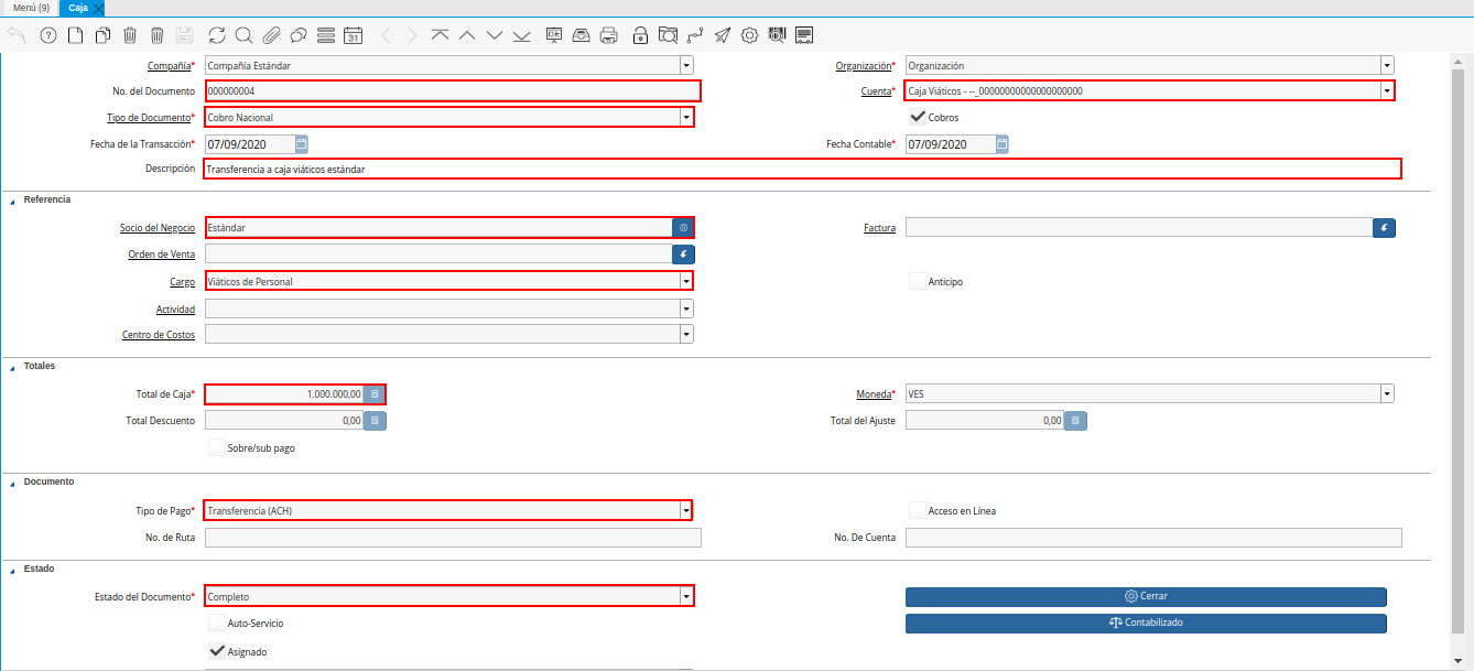 ingreso a caja viáticos igual al gasto