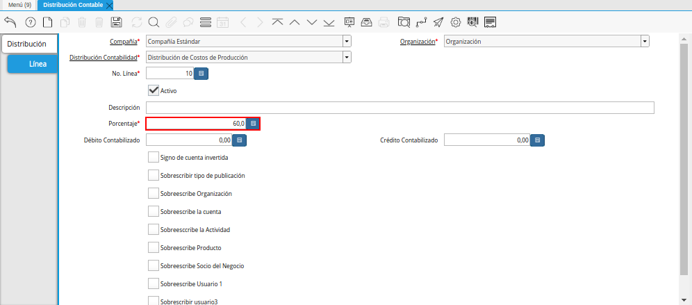 Campo Porcentaje de la Pestaña Línea de la Ventana Distribución Contable
