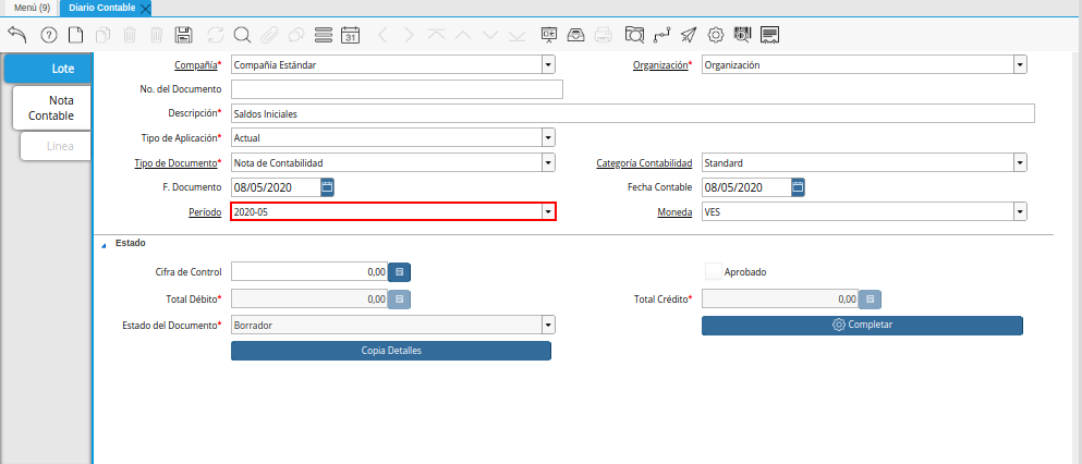 Campo Período de la Pestaña Lote Contable de la Ventana Diario Contable