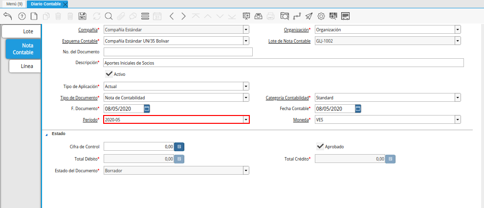 Campo Período de la Pestaña Nota Contable de la Ventana Diario Contable