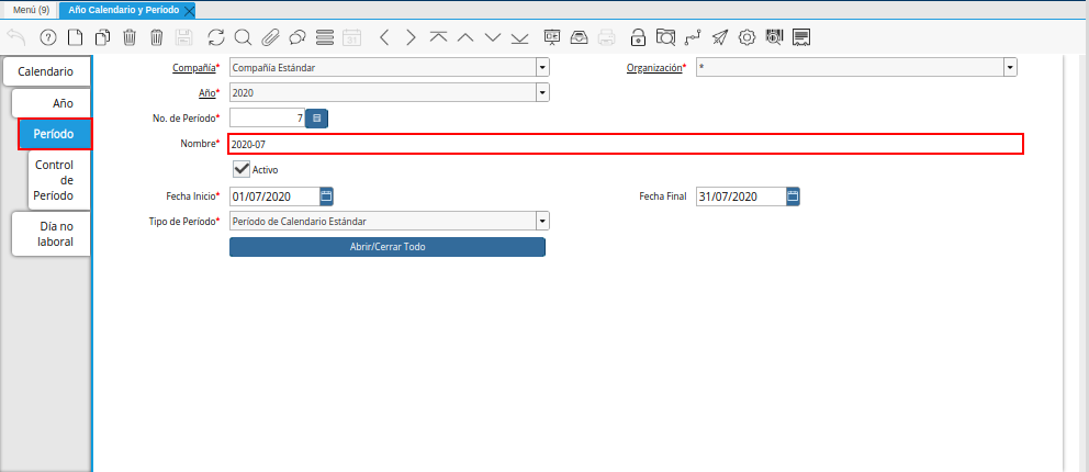 Pestaña Período de la Ventana Año Calendario Período