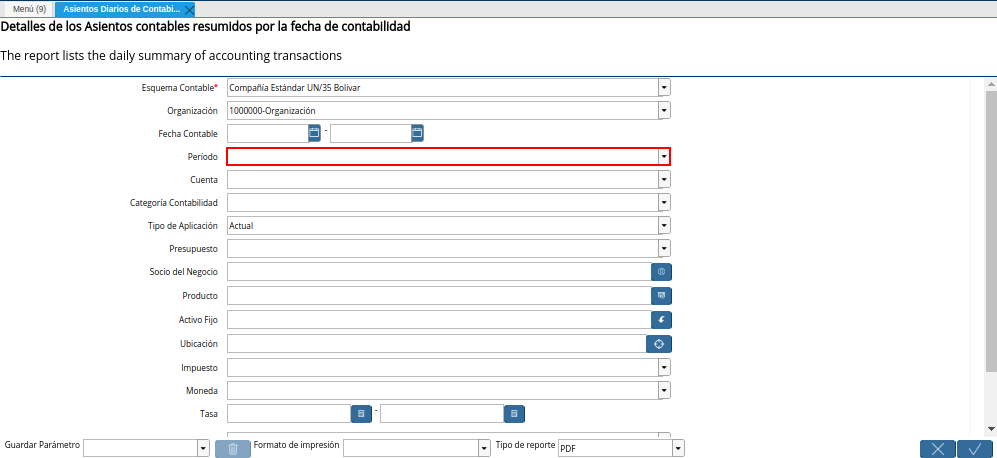 Campo Período de la Ventana Asientos Diarios de Contabilidad