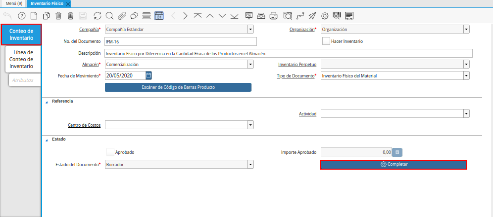 Pestaña Conteo de Inventario