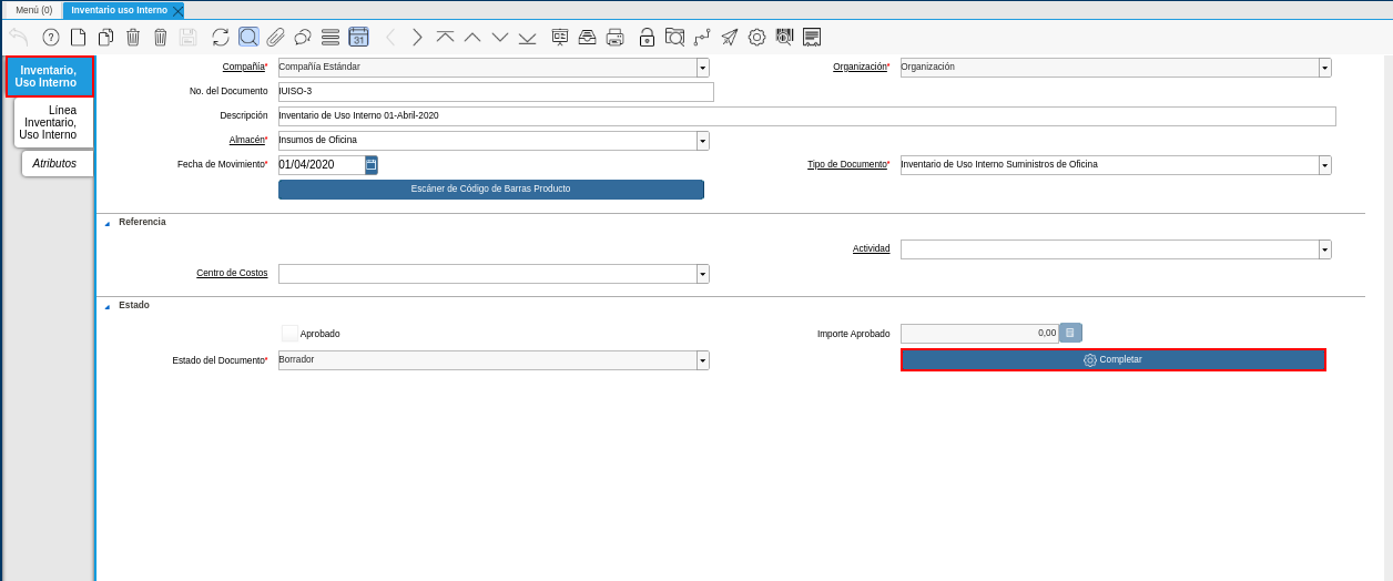 Pestaña Inventario Uso Interno