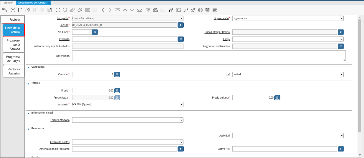 Pestaña Línea de la Factura
