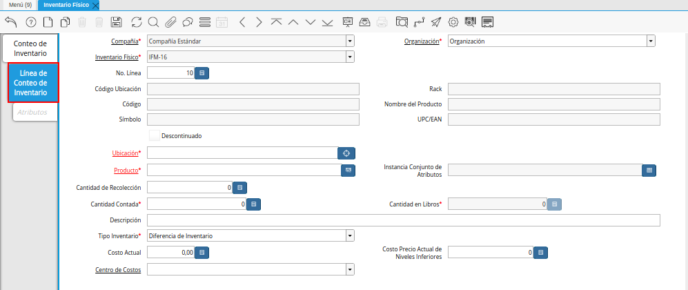 Pestaña Línea de Conteo de Inventario