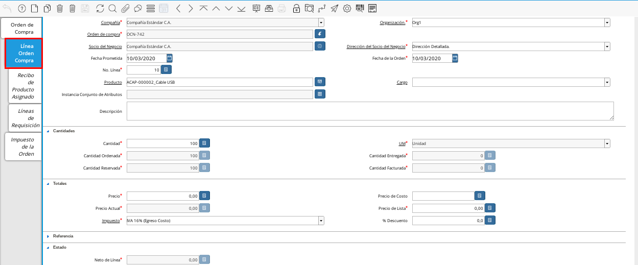 Pestaña Línea Orden Compra