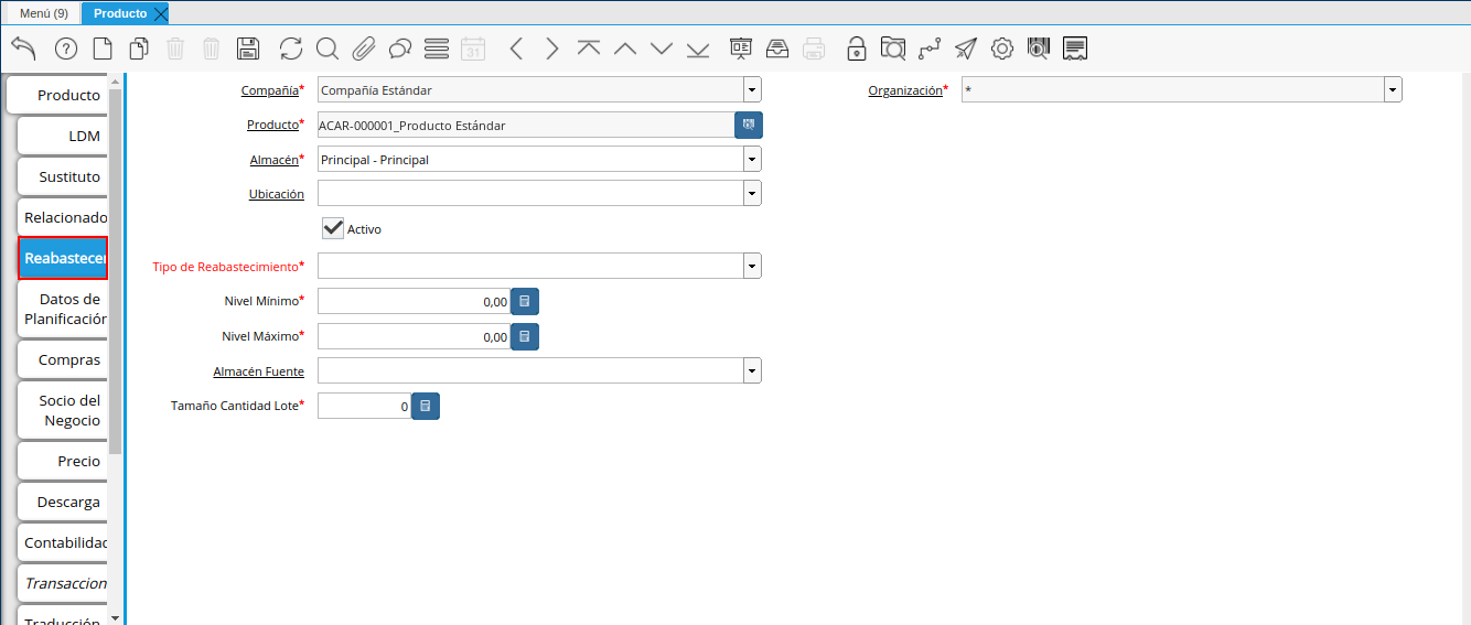 Pestaña Reabastecer