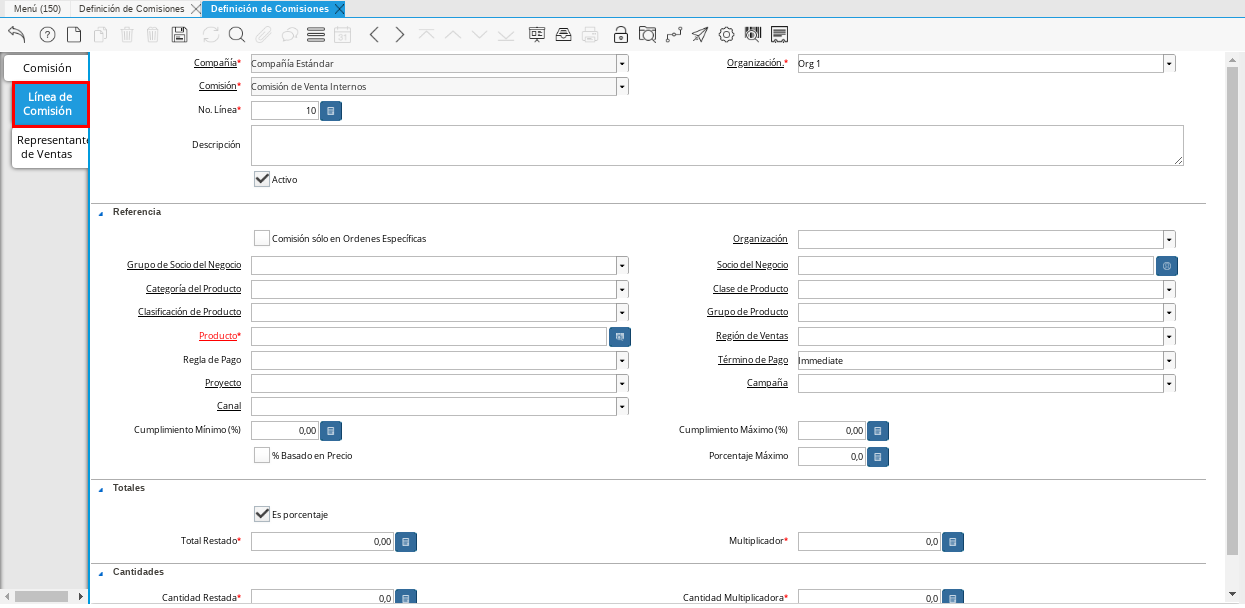 Pestaña Línea de Comisión