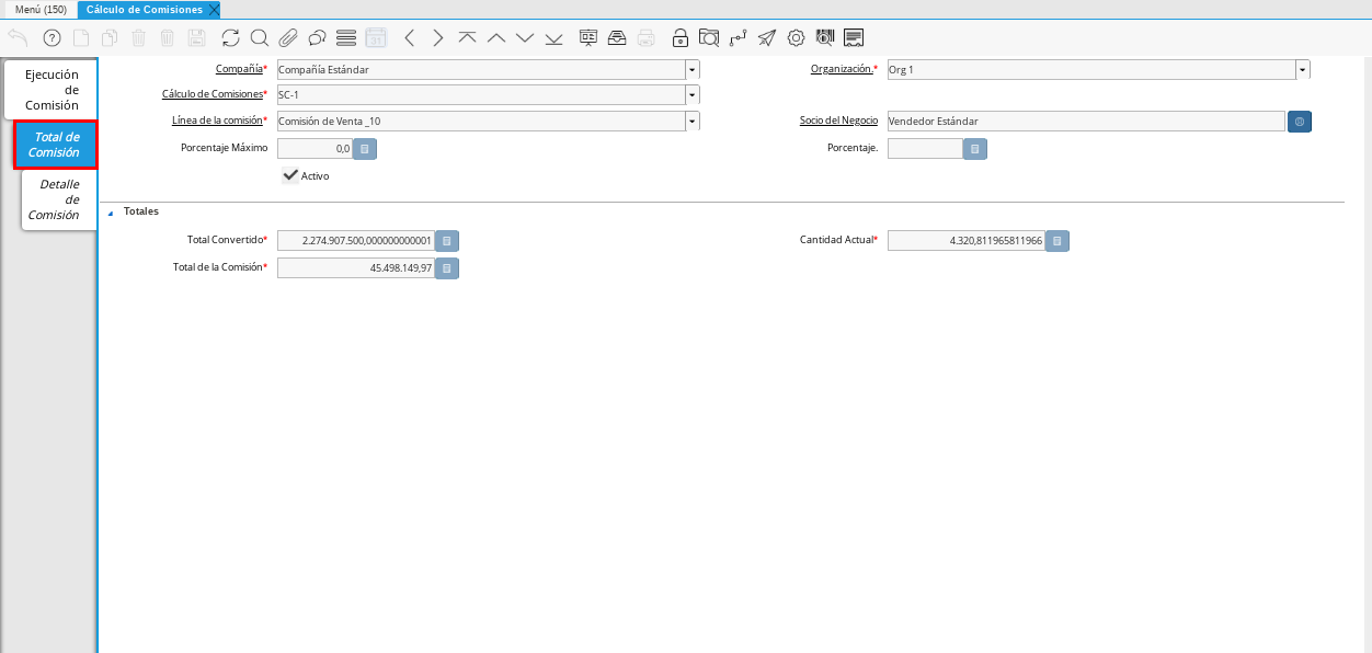Pestaña Total Comisión