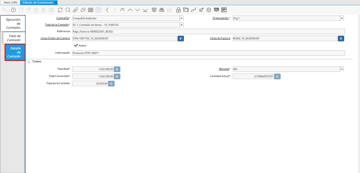Pestaña Detalle Comisión