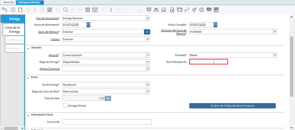 Campo Fecha Recolección de la Ventana Entregas Cliente