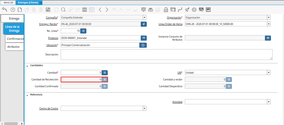 Campo Cantidad de Recolección de la Pestaña Línea de la Entrega de la Ventana Entregas Cliente