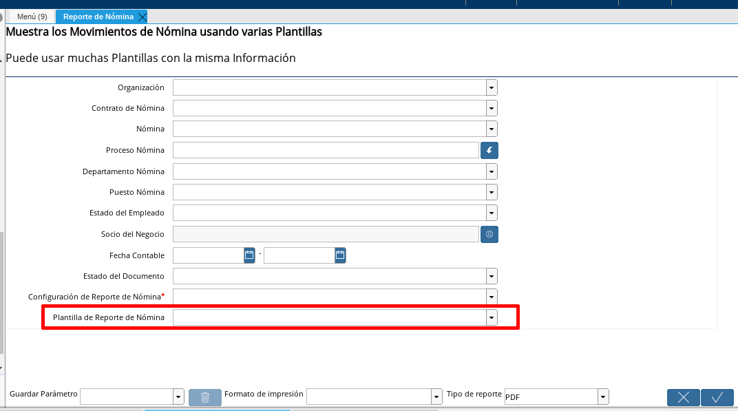 Campo Plantilla de Reporte de Nómina