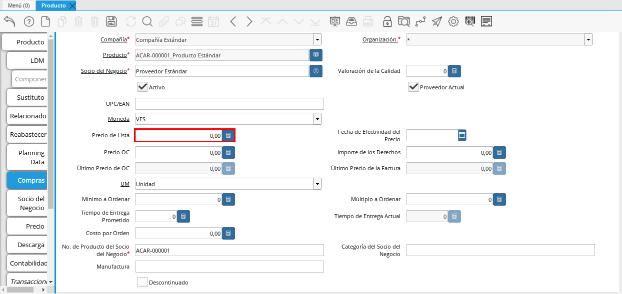 Campo Precio de Lista